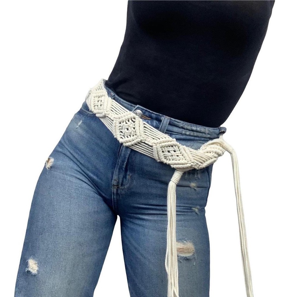White Y2K Macrame Belt Tassel Boho